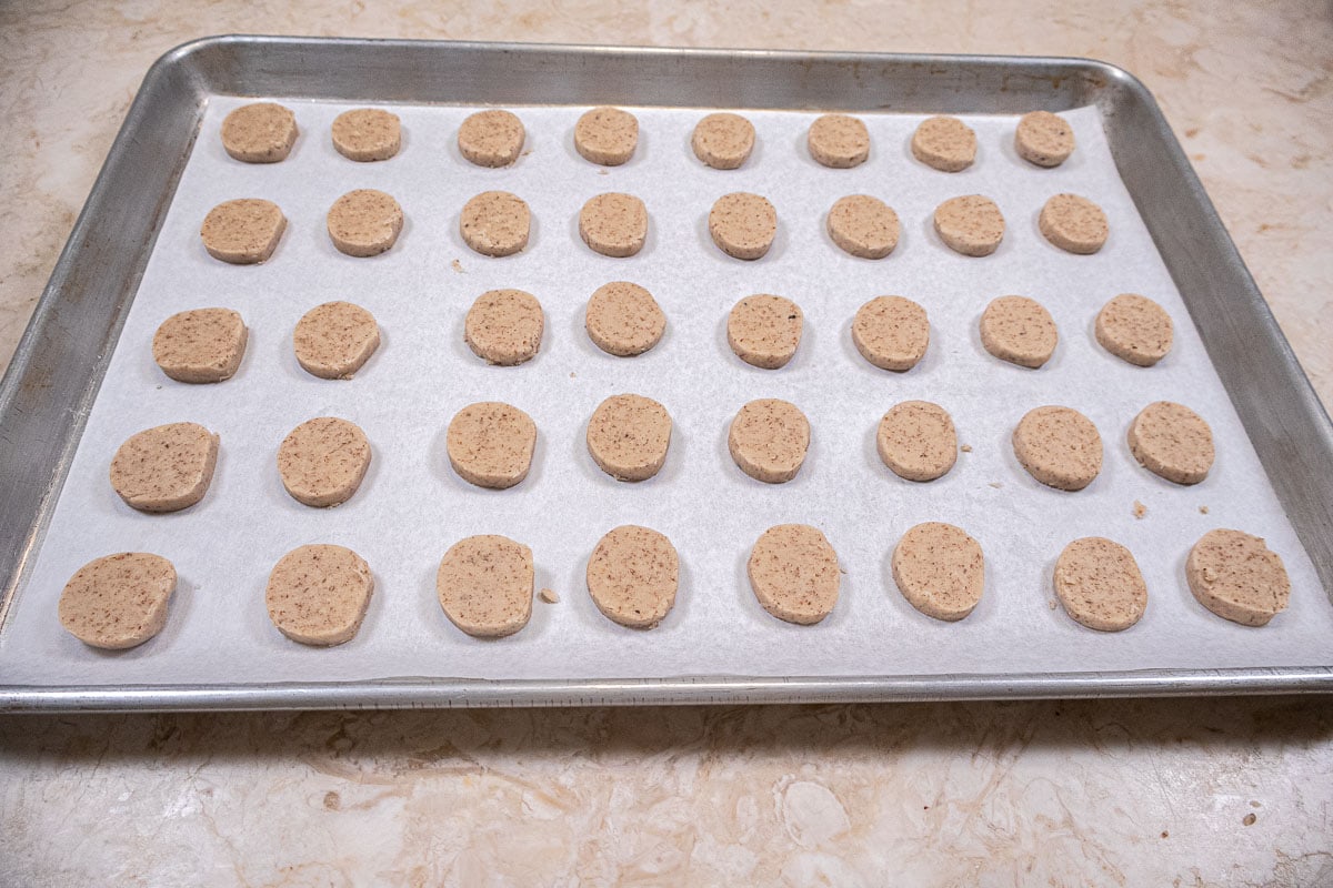 A tray of unbaked cookies ready for the oven.