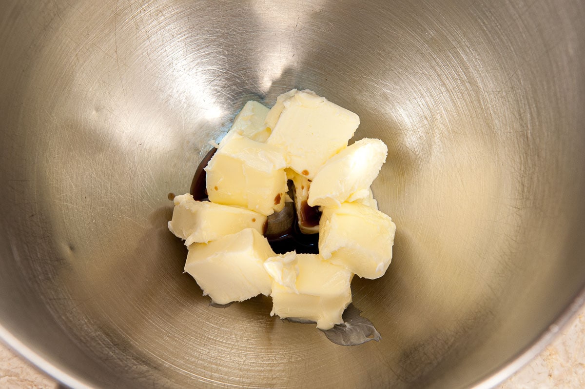 The butter and vanilla are in a mixing bowl.