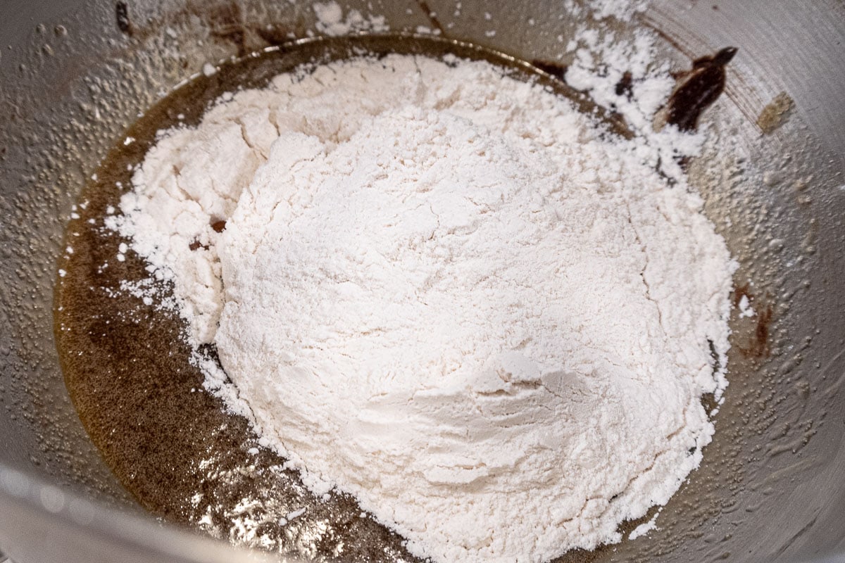 The flour is added to the liquid ingredients.