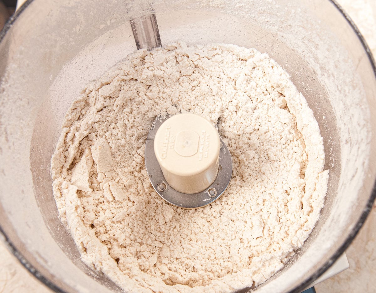 Nuts and flour ground to a powder together in the processor bowl