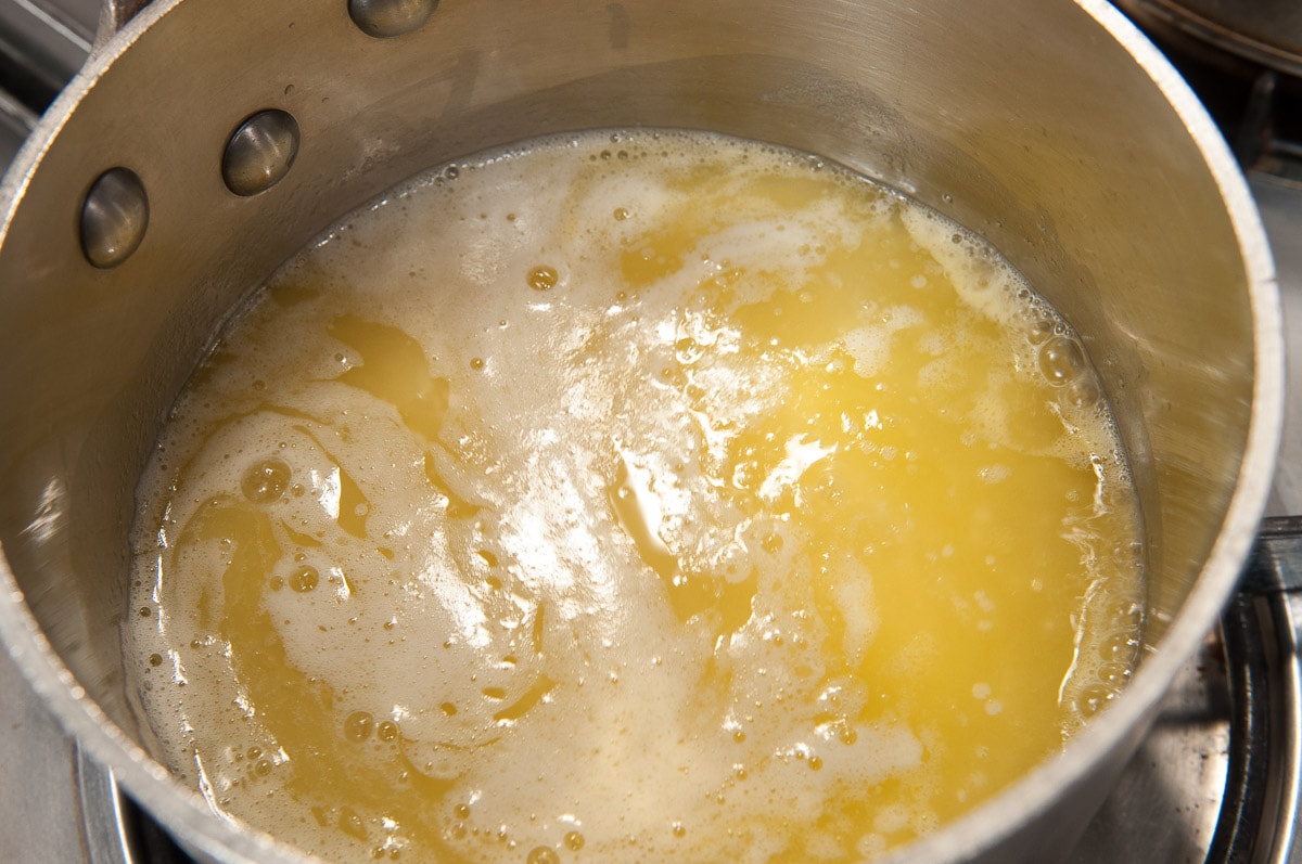 The butter has been melted in a saucepan.