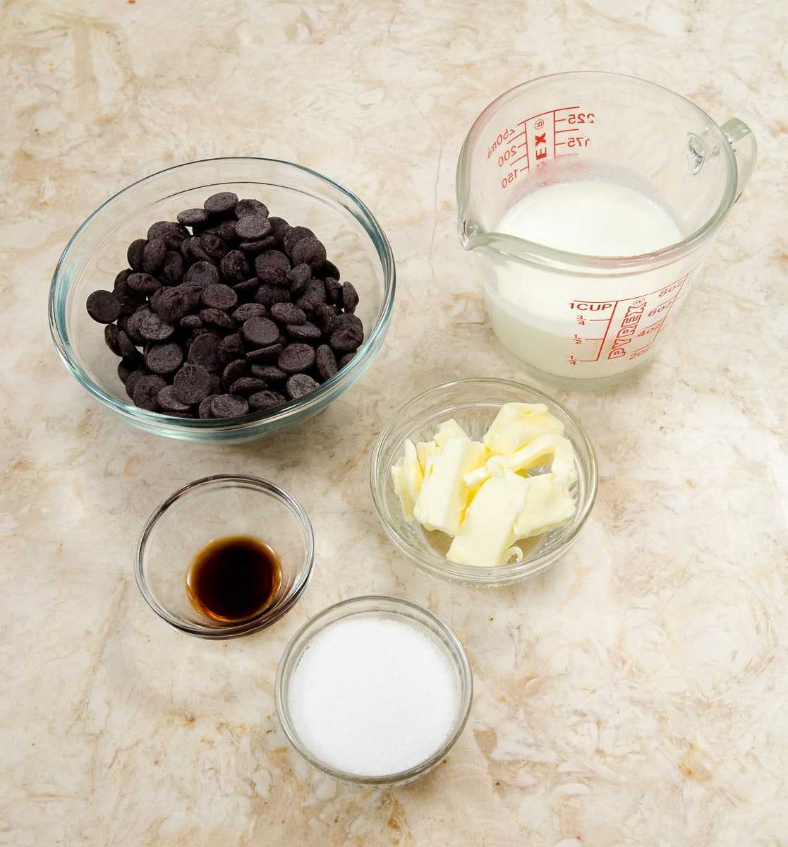 Ingredients for the chocolate centers include semi sweet chocolate, heavy cream, vanilla, butter and granuated sugar