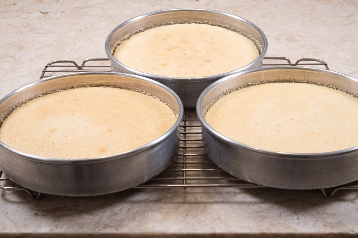 Three layers of chiffon cake cooling in pans.