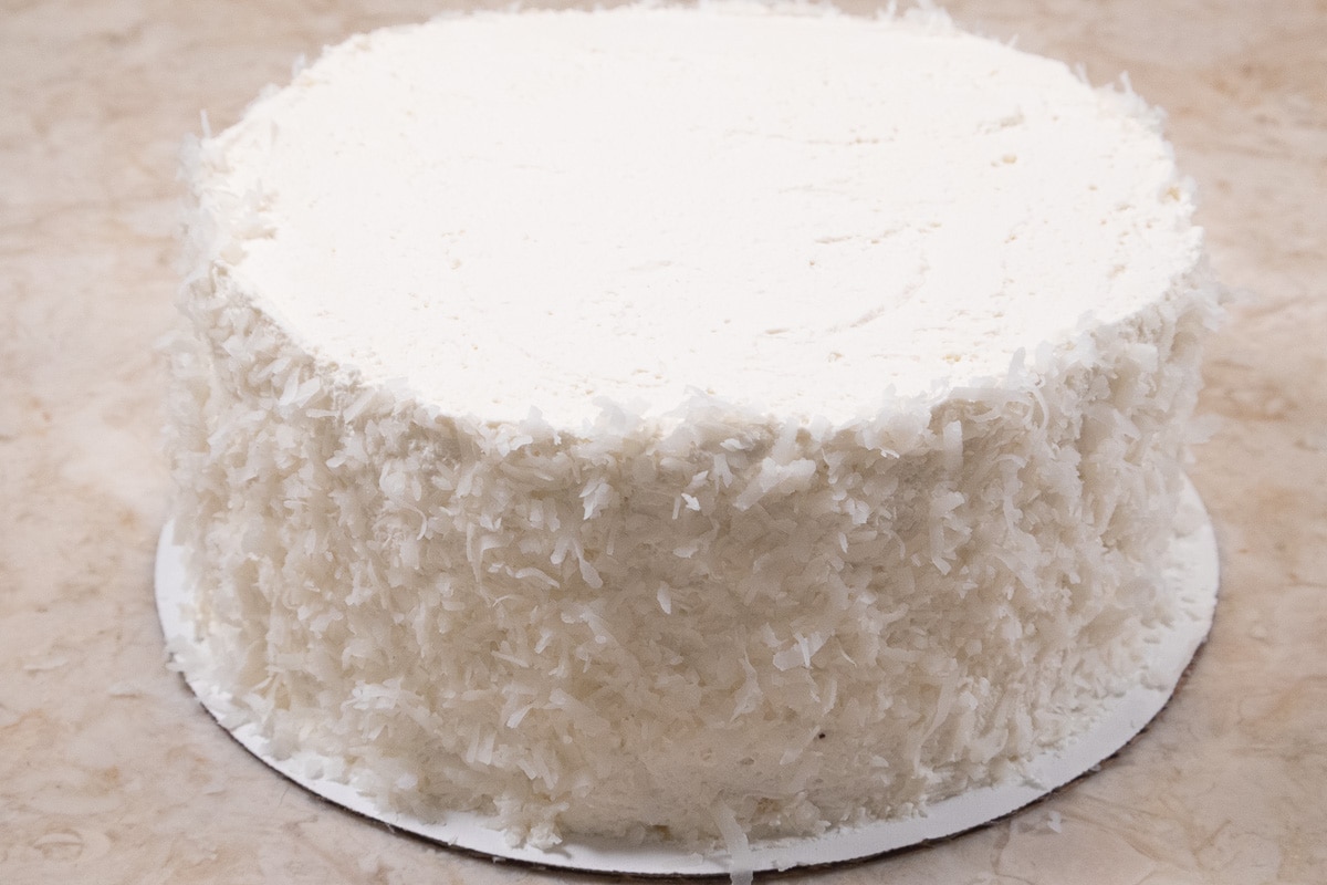 The sides of the cake are covered with coconut.