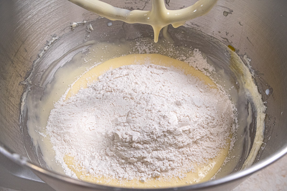 The flour has been added to the mixing bowl.