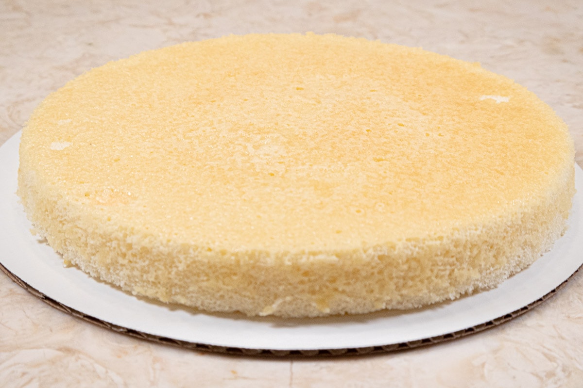One layer of cake is placed on a cake board.