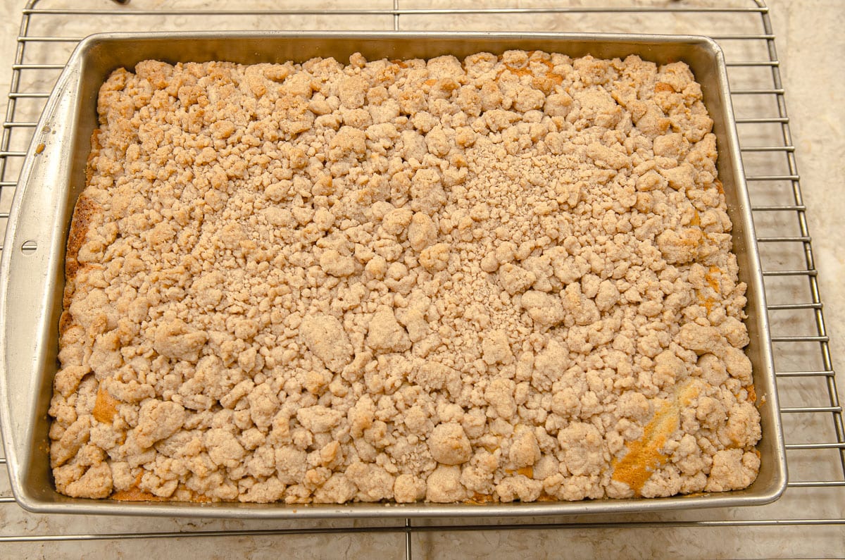 The New York Crumb Cake baked in the pan.
