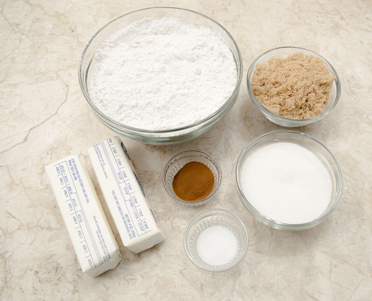 Crumb ingredients include butter, cake flour, brown sugar, granulated sugar, salt and cinnamon.