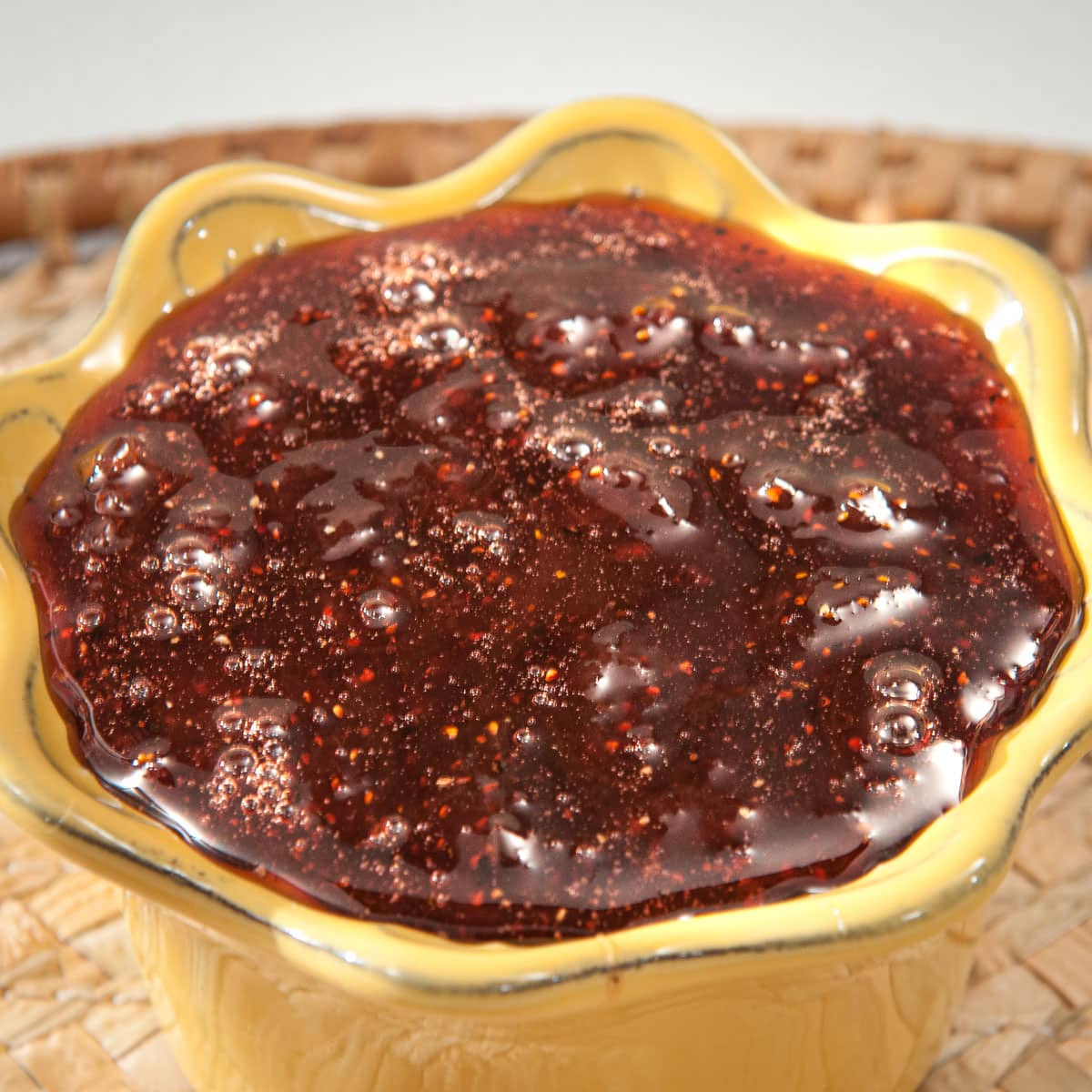 Strawberry Balsamic Jam in a yellow container