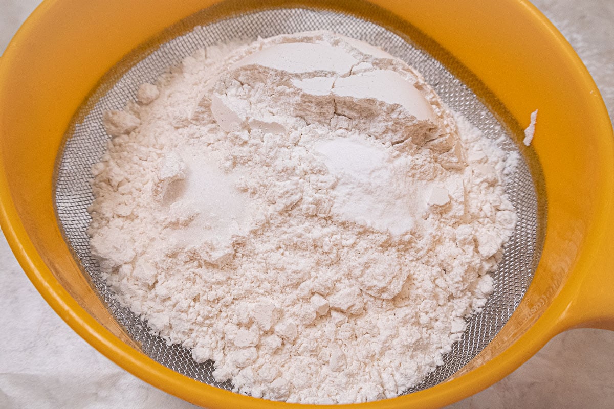 The flour, baking powder and salt in a sifter. 