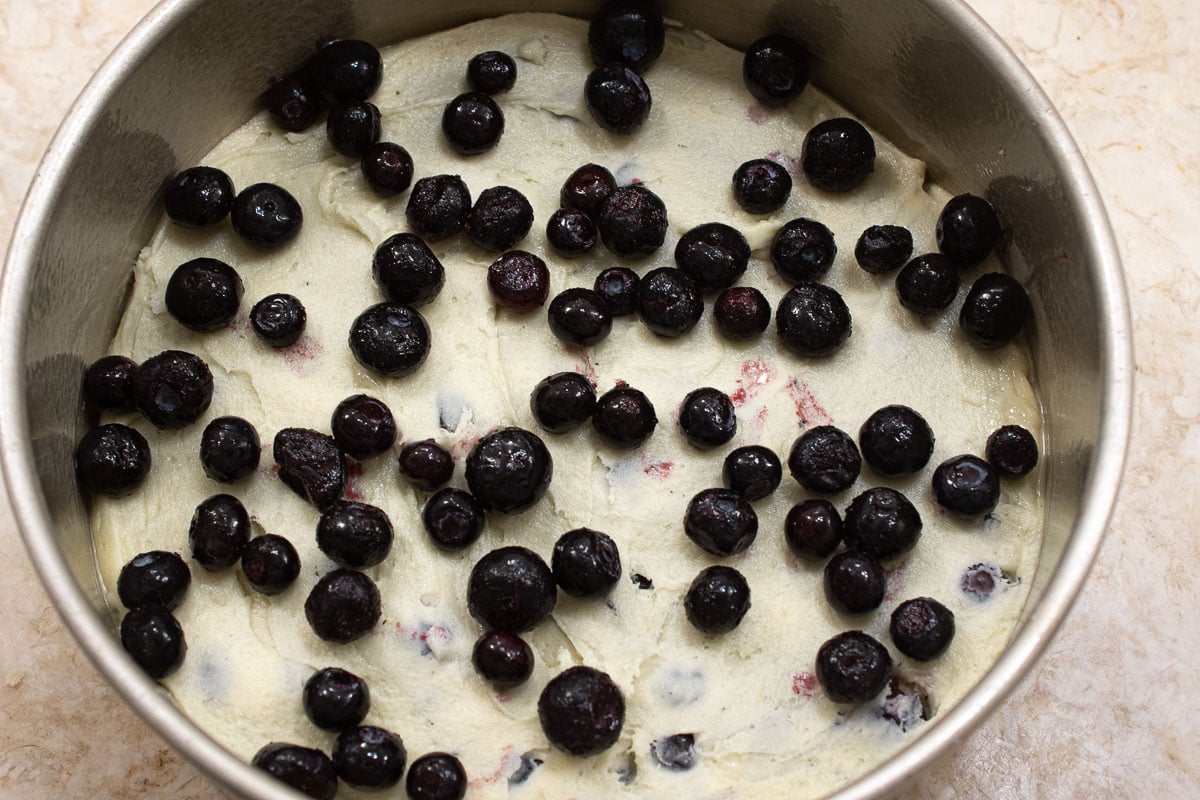 The remaining blueberries are placed on top of the batter in the pan.