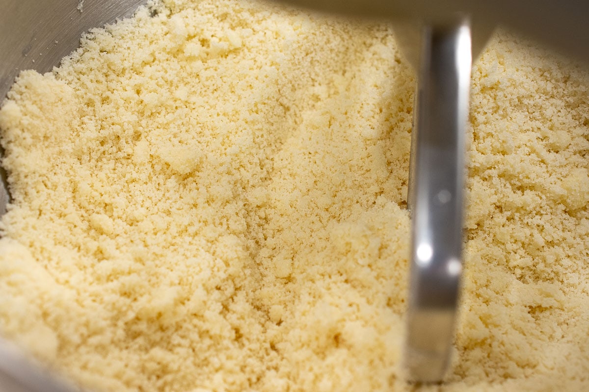 Crumbs formed in the bowl of the mixer.