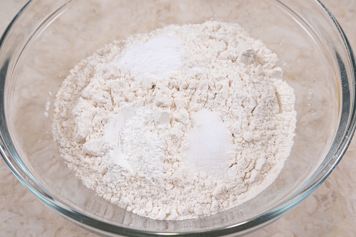 Combine the flour, baking soda, baking powder, and salt.