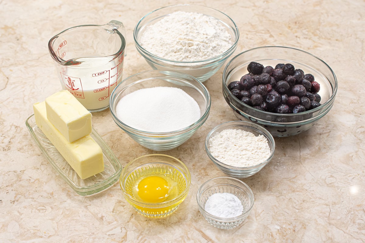 Ingredients for the Blueberry Crumb Coffeecake include milk, flour, blueberries, baking soda, egg, and butter.