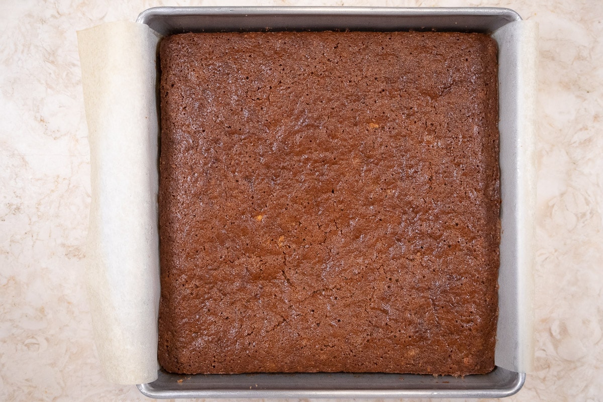 The baked bars in the pan.