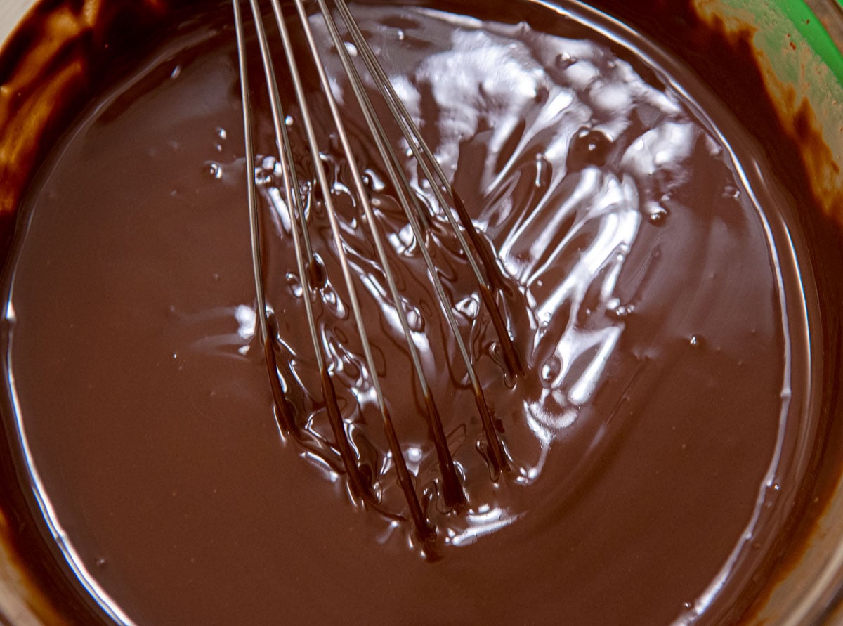 The chocolate and shortening have been whisked until smooth.