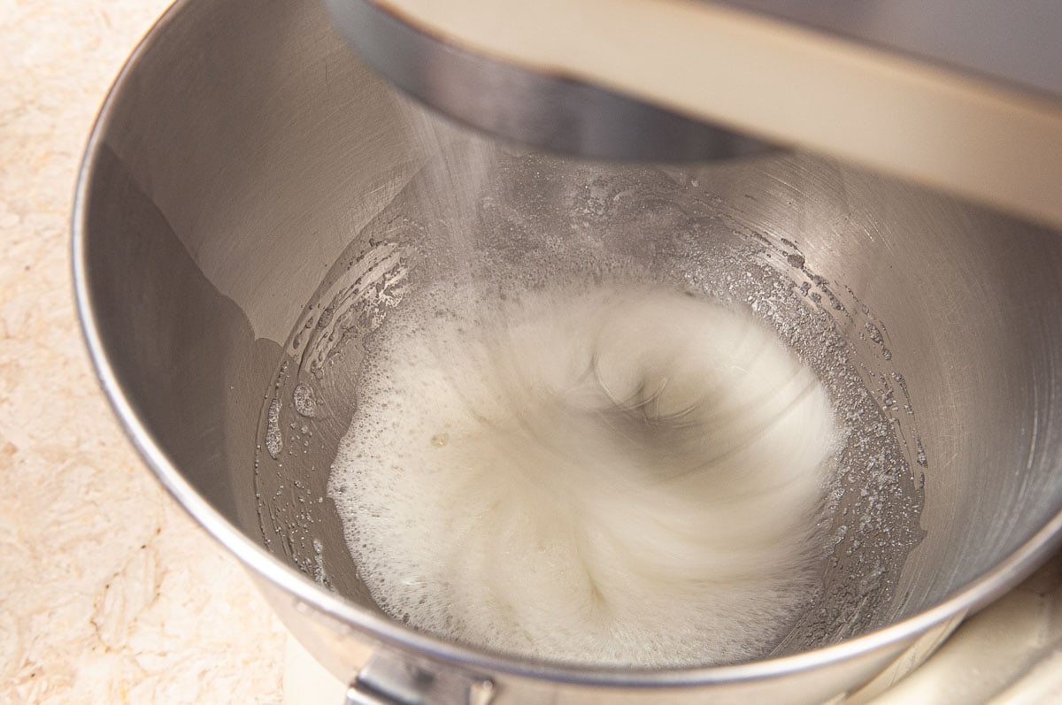 The egg whites are whipped to just before adding the sugar.
