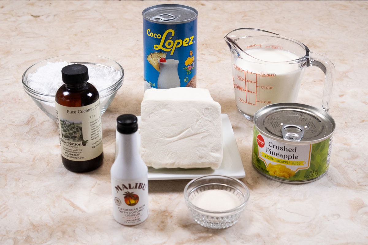The filling ingredients include powdered sugar,coco lopez, heavy cream, coconut extract, cream cheese, crushed pinapple, Malibu Rum, and gelatin.