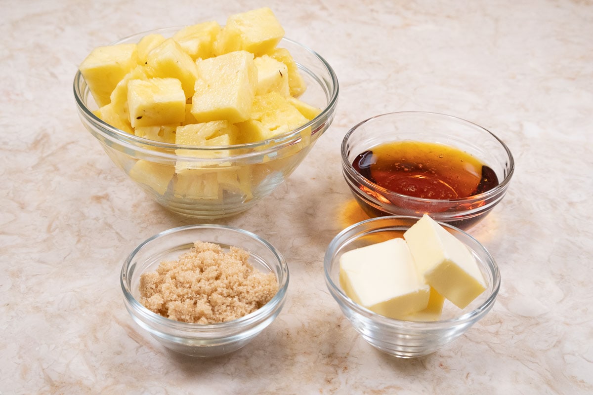 For the caramelized pineapple, fresh pineapple chunks, golden syrup, brown sugar and unsalted butter are used. 