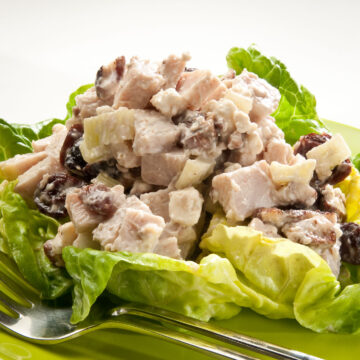 The Smoked Turkey Salad is served in a lettuce cup on a green plate with a fork.