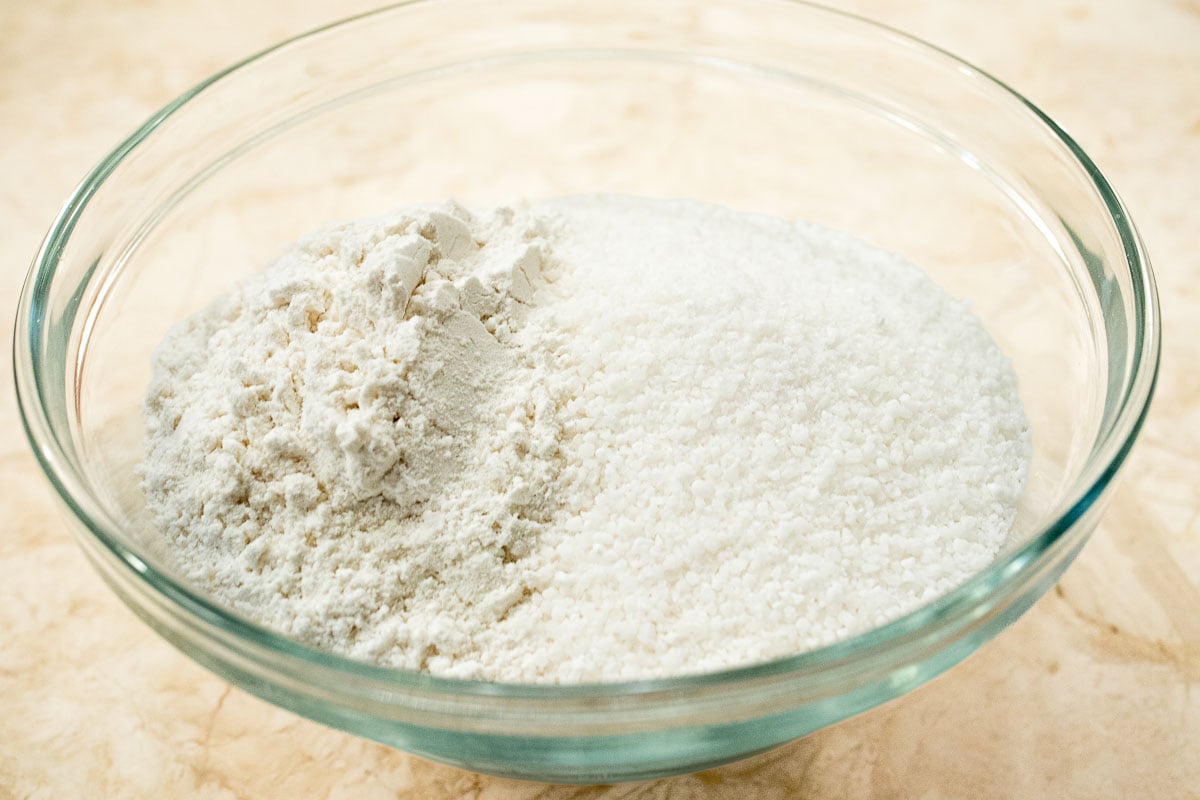 The flour and instant tapioca are mixed in a bowl.