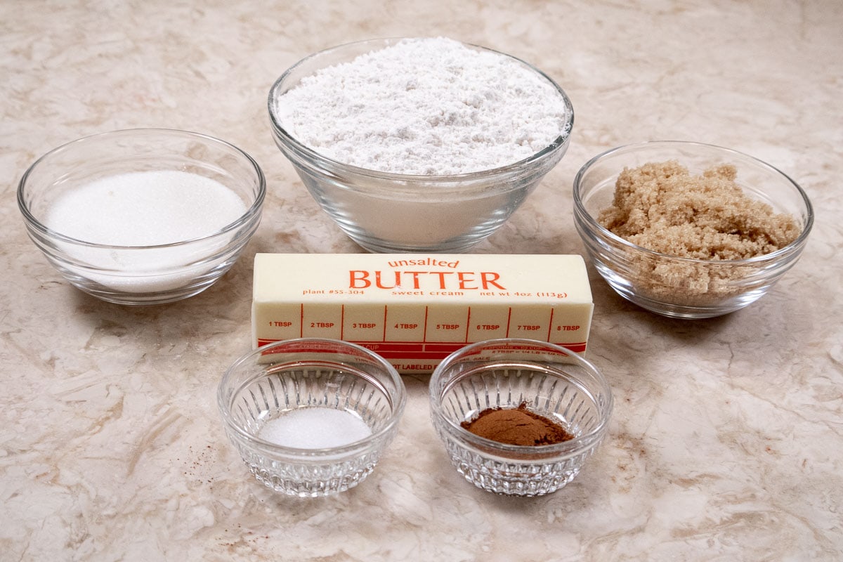 Ingredients for the crumb topping include granulated sugar, flour, brown sugar, butter, salt and cinnamon.