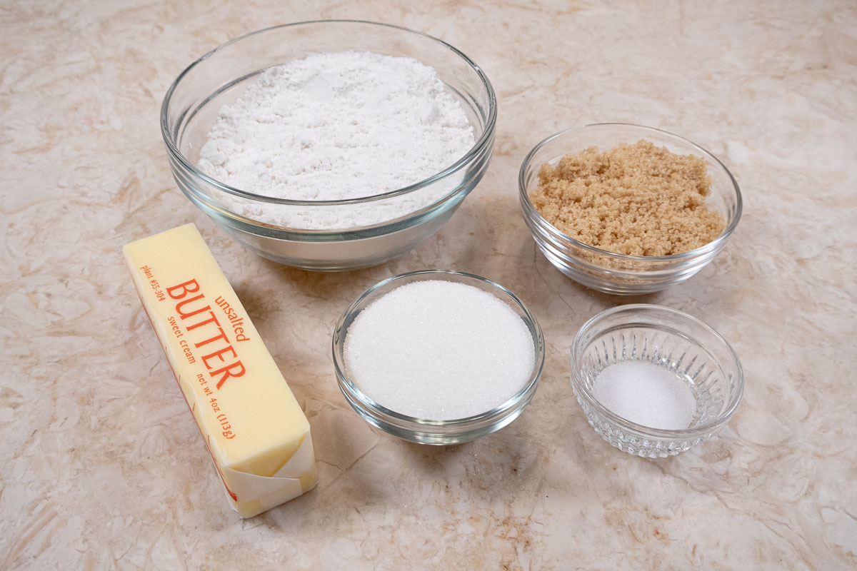 Cake flour, brown sugar, salt, granulated sugar and butter make up the crumb topping.