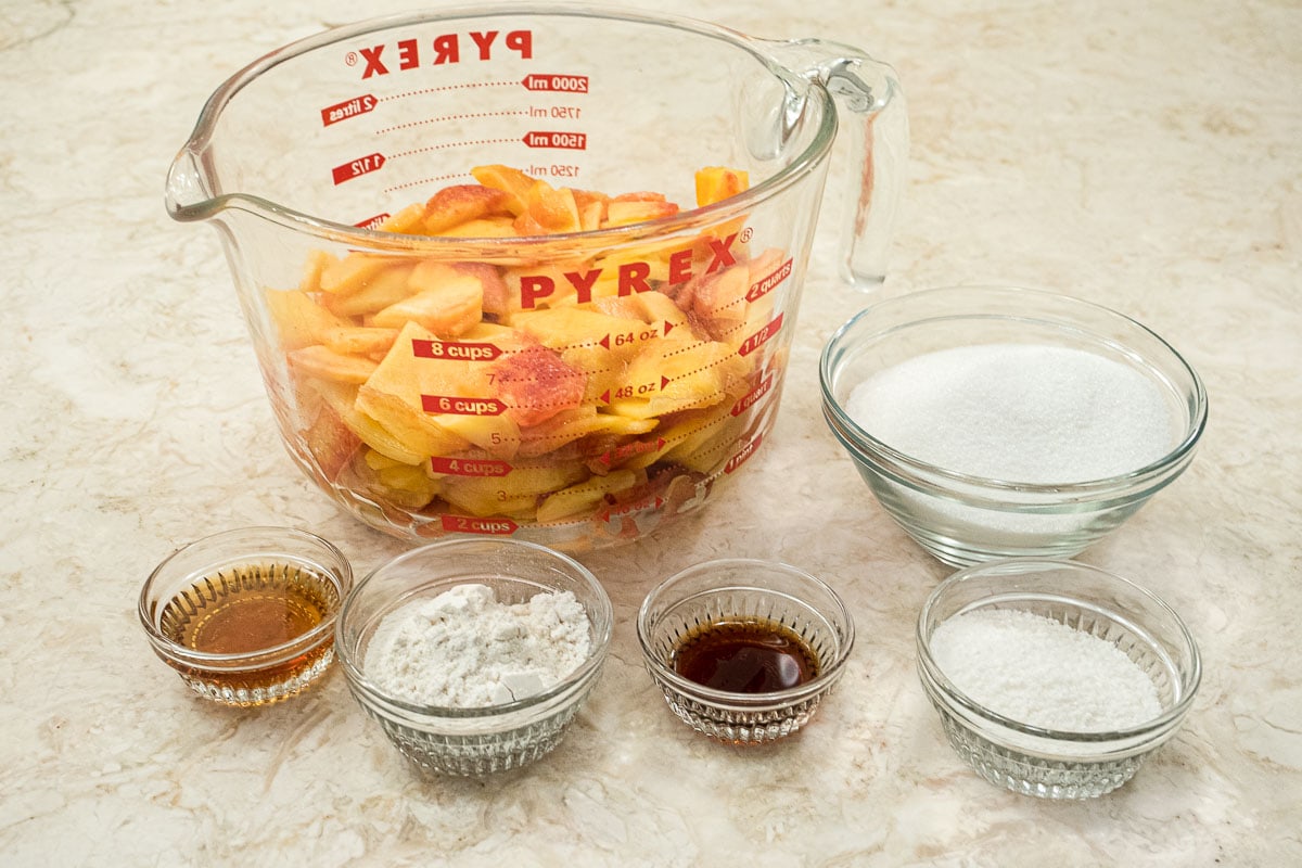 Ingredients for the filling are peaches, sugar, flour, minute tapioca, balsamic vinegar, vanilla.