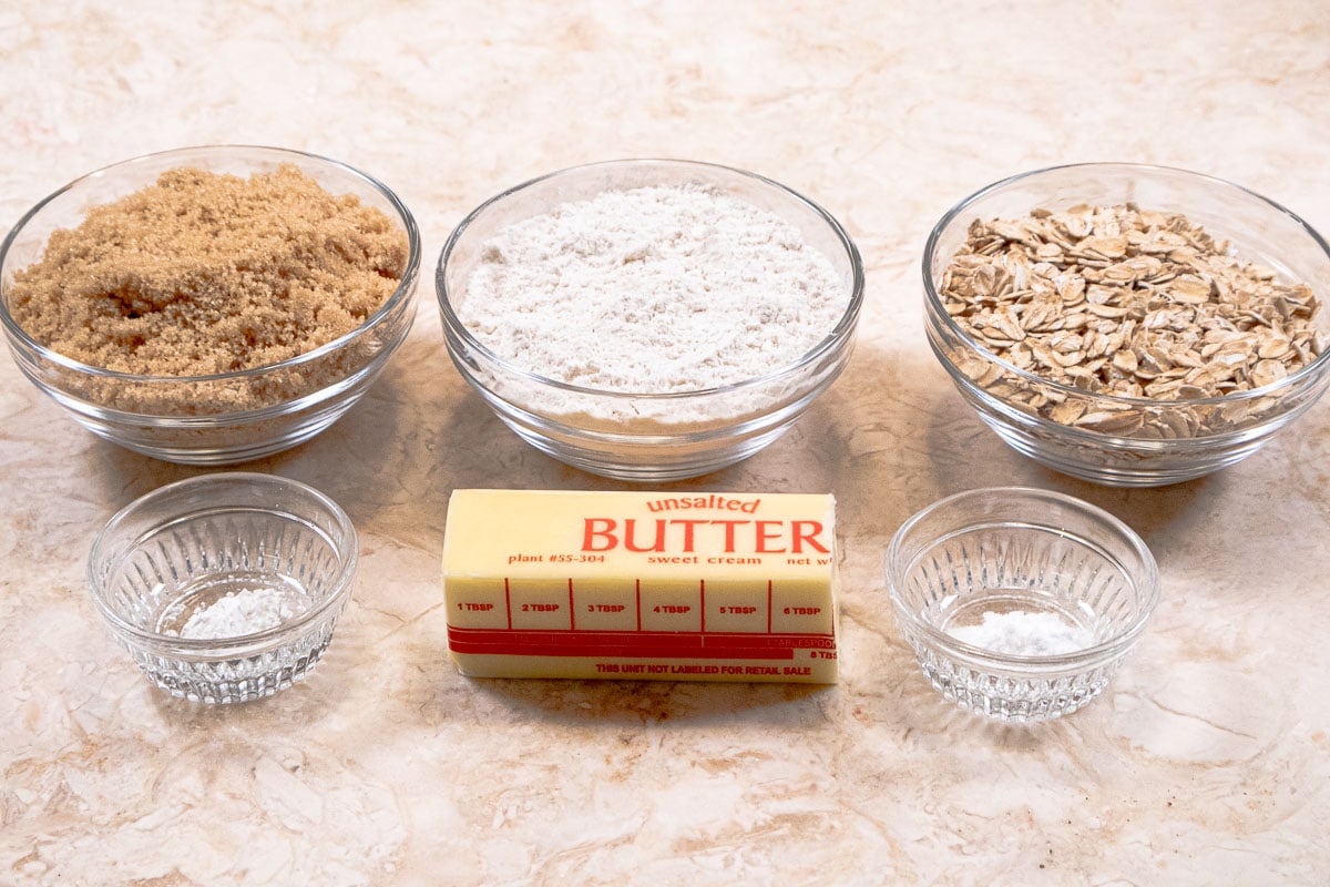The ingredients for the crisp are brown sugar, flour ,rolled oats, salt, butter and baking powder.