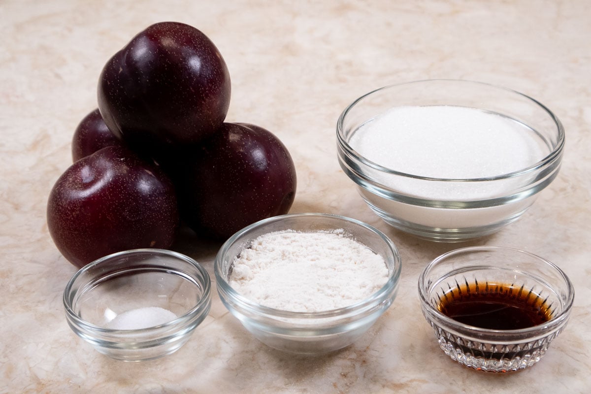 The ingredients for the plums are plums,granulated sugar, salt, flour, and vanilla.