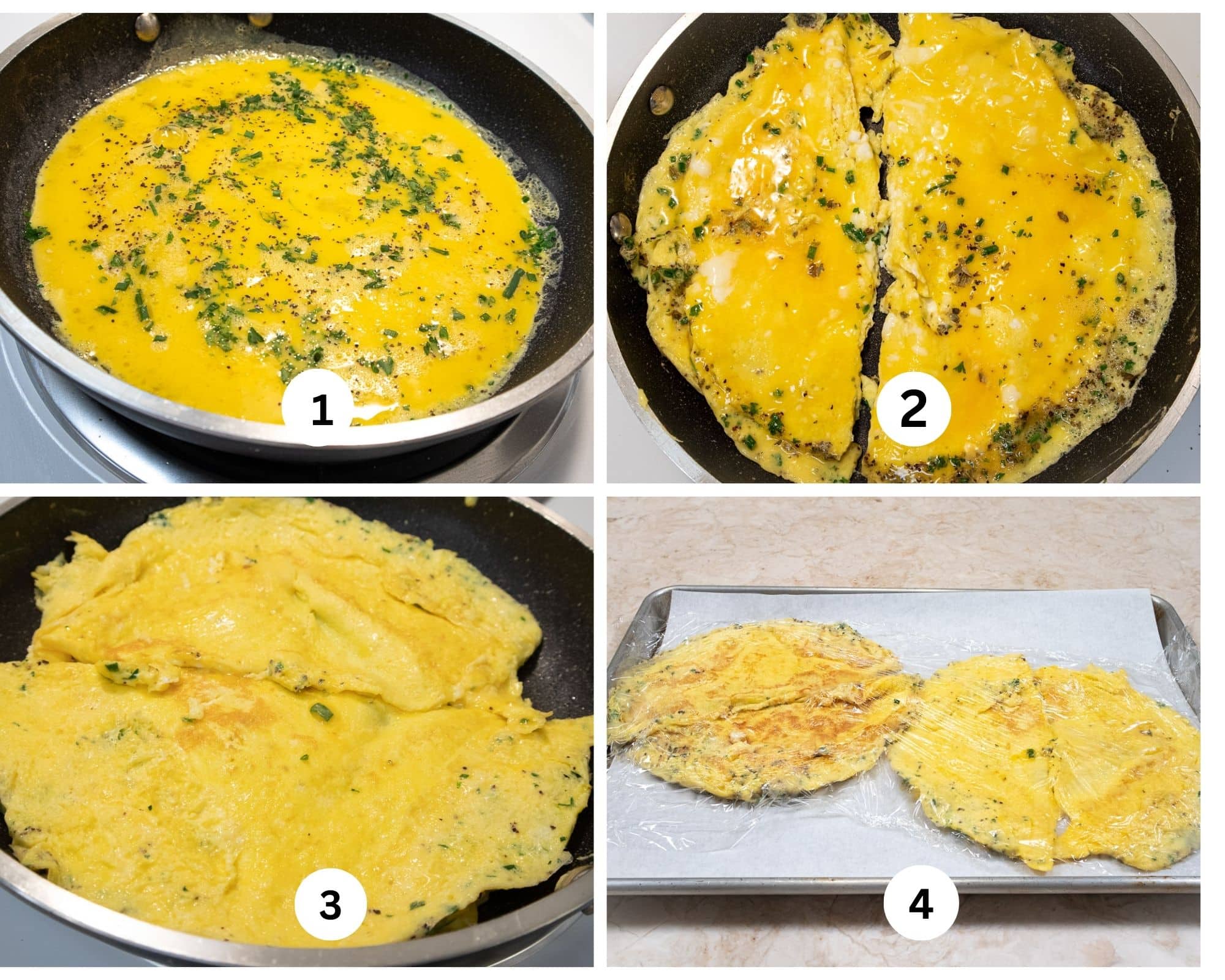 The first collage for Tourte Milanese shows the omlets being made, cut in h alf, flipped and cooling.