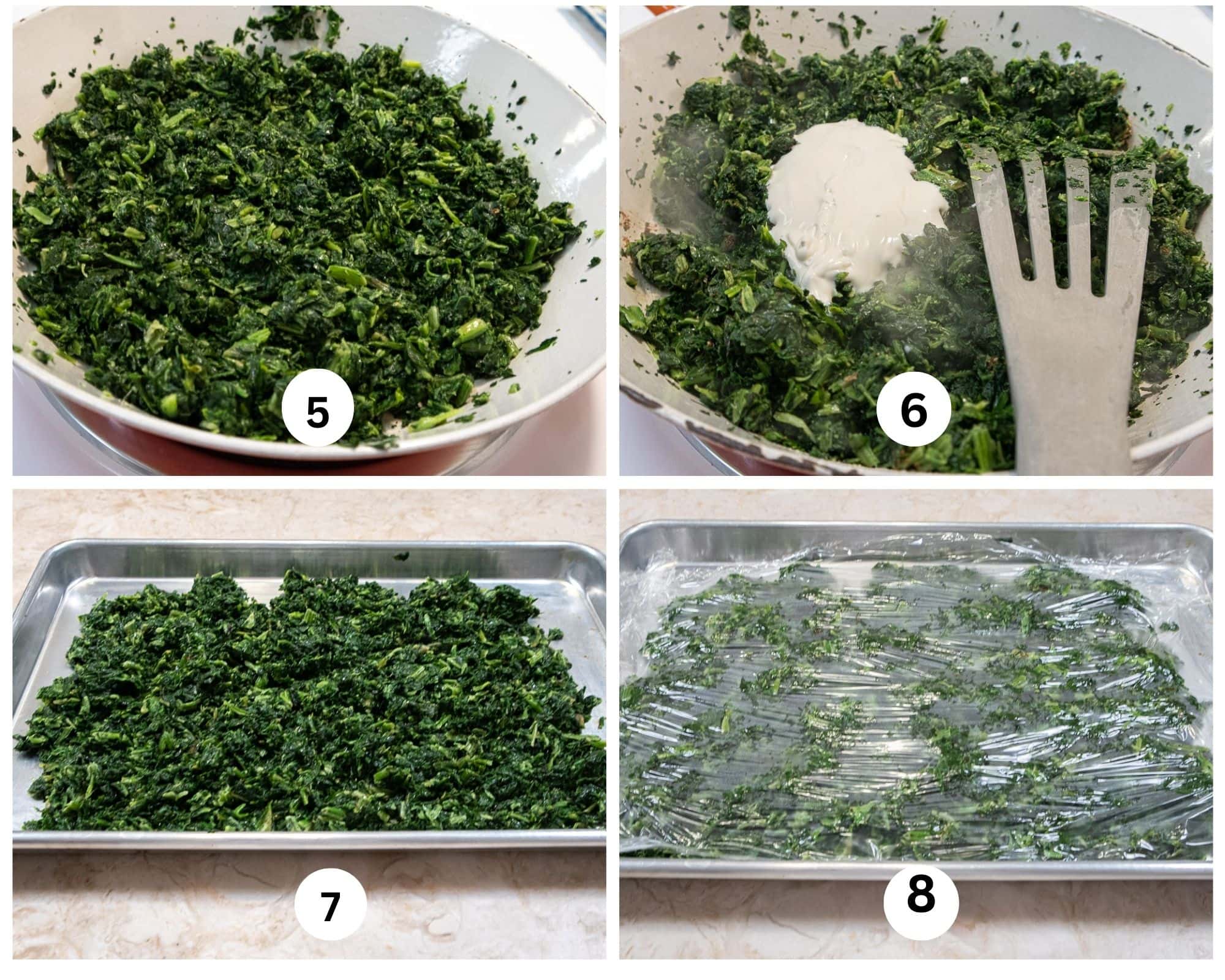 The second collage shows the spinach filling being sauteed, the cream added, laid out on a tray to cool and covered with plastic wrap.