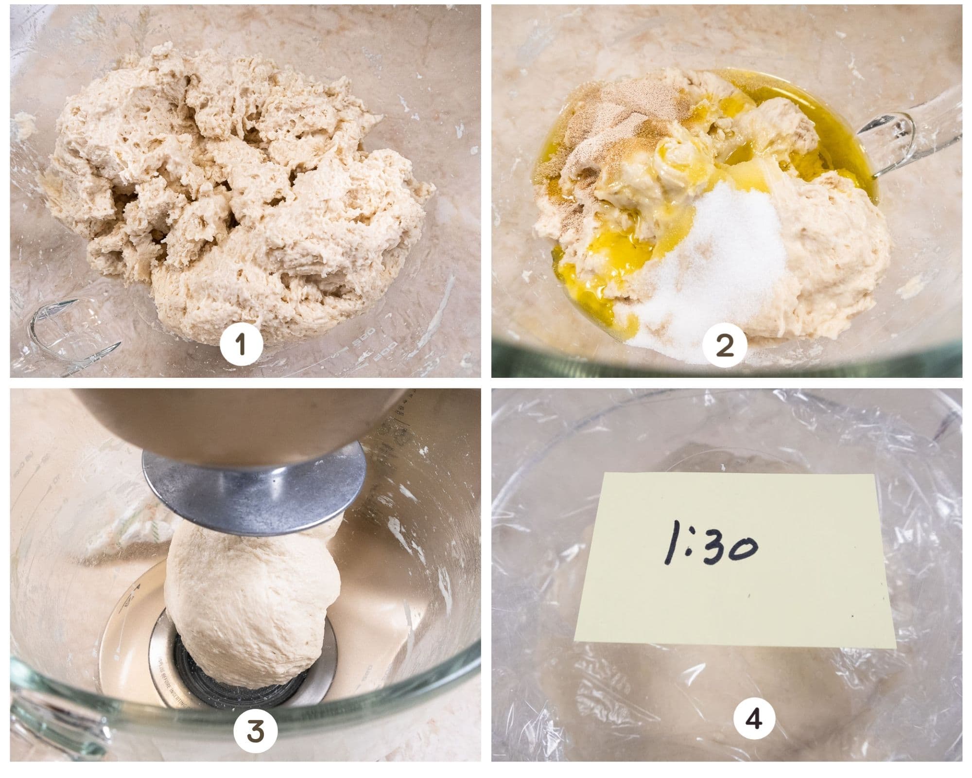 Collage of making the dough - flour and water, additional ingredients, mixing, rising.