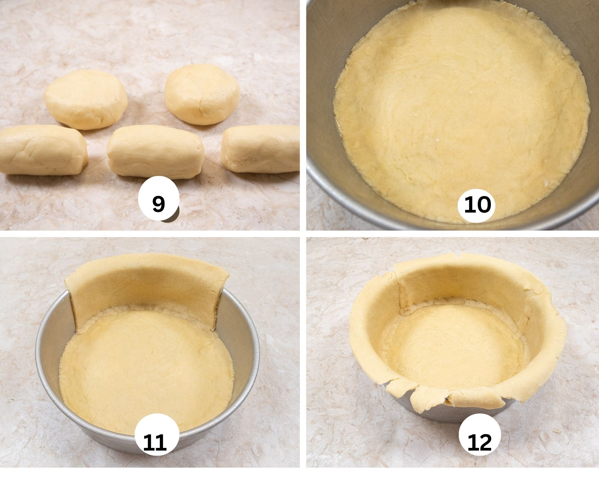 This collage shows the dough divided as called for, the bottom  crust in the pan and the side crusts also in the pan.