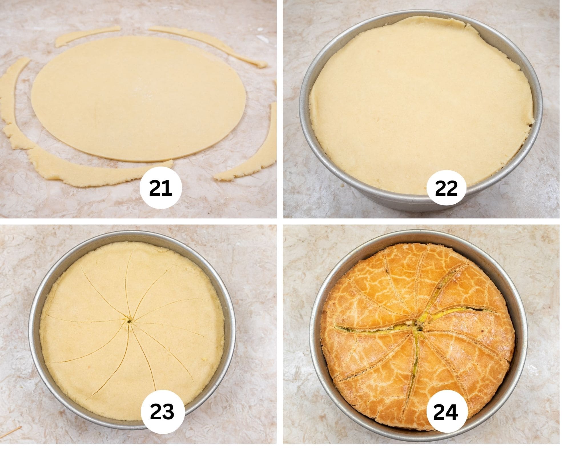 The last collage shows the dough cut into a circle, placed on top of the omelet, marked for servings and baked to a medium golden brown.
