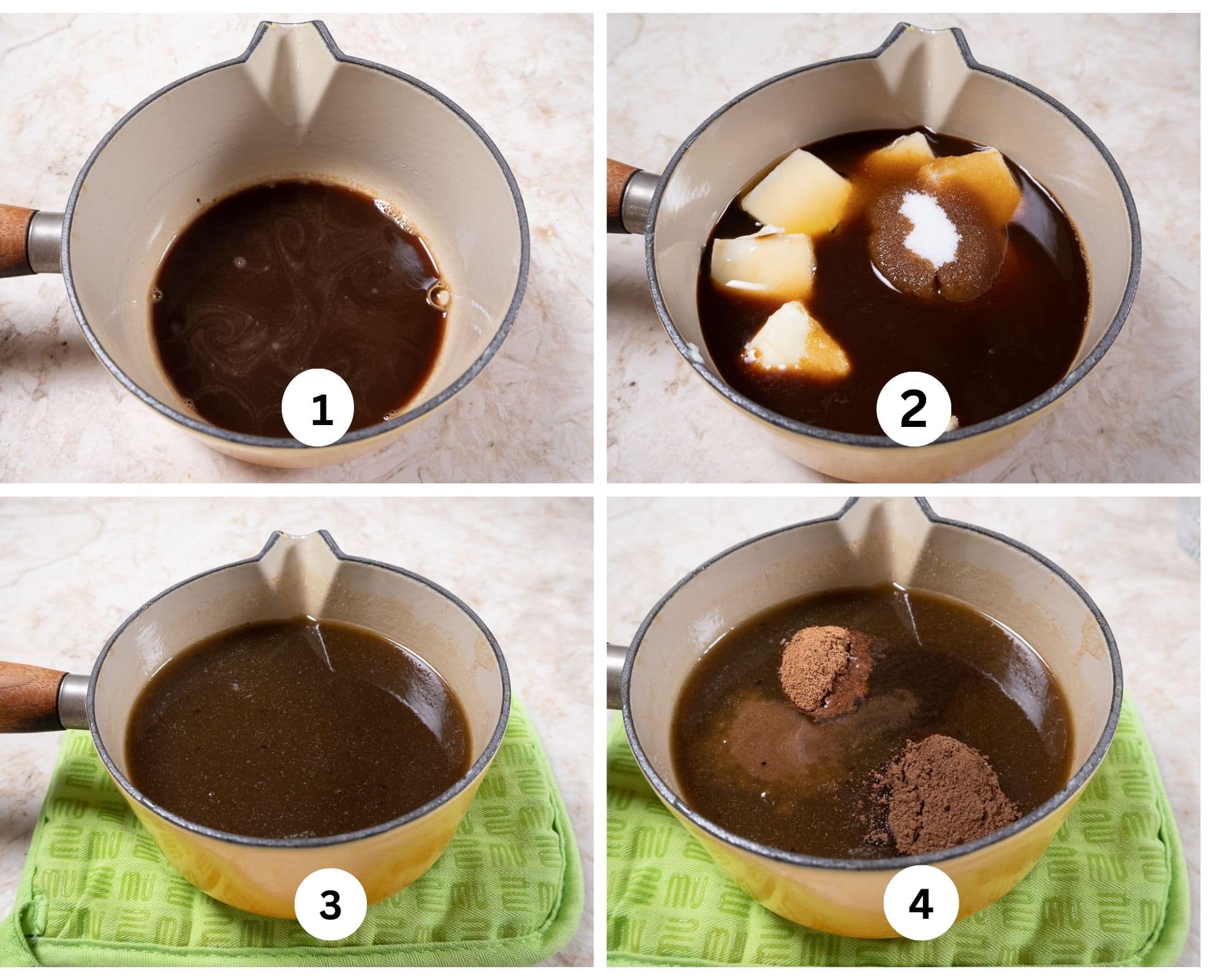 The first collage shows the coffee dissolved in water, the butter, honey and sugar in a pan, then melted and the spices add to the mixture.