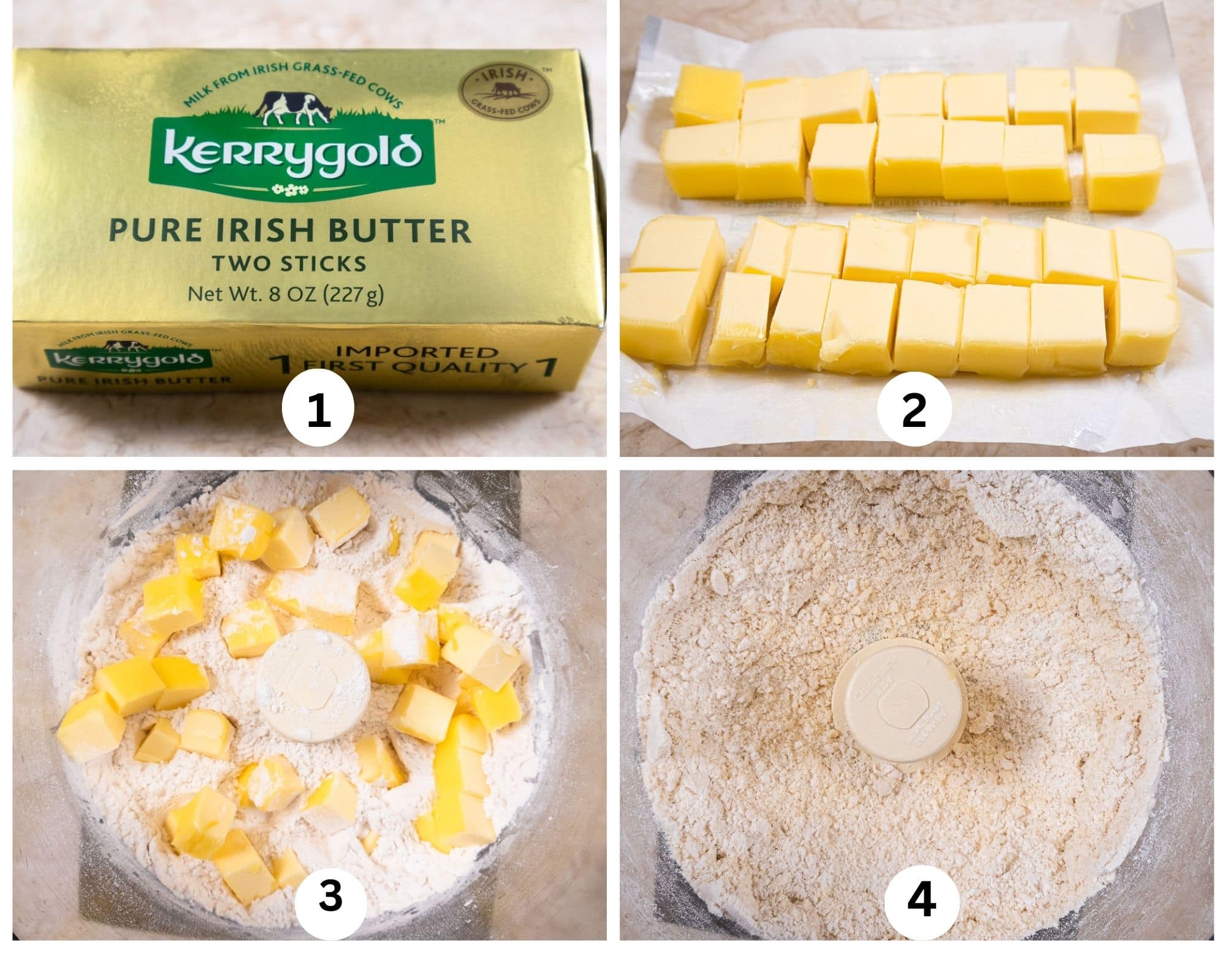 Sable Breton collage 1 includes kerrygold box, butter cut in pieces, butter over dry ingredients, butter processed in.
