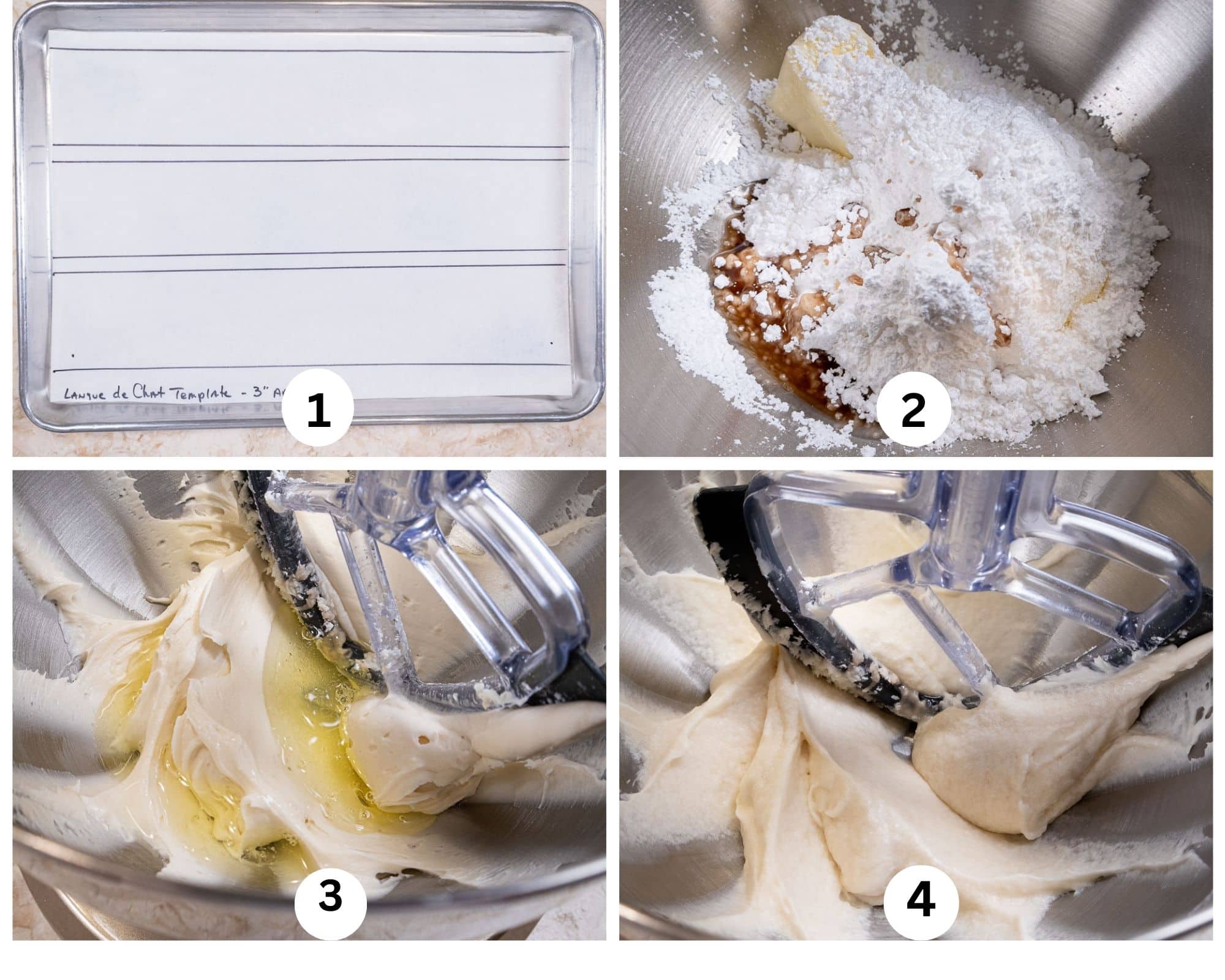 The first collage for the Lange de Chat features the template, the butter, vanilla and powdered sugar in the mixing bowl, the egg white added and the batter mixed.