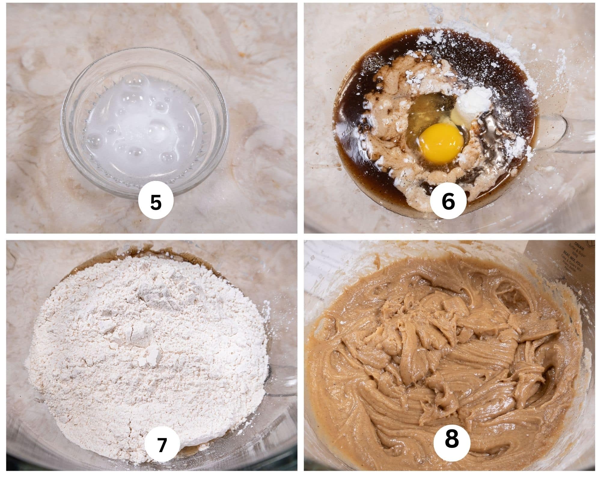 The second collage shows the baking soda bubbling in the vinegar, all of the liquid ingredients in the mixing bowl, the flour added and the batter completely mixed.