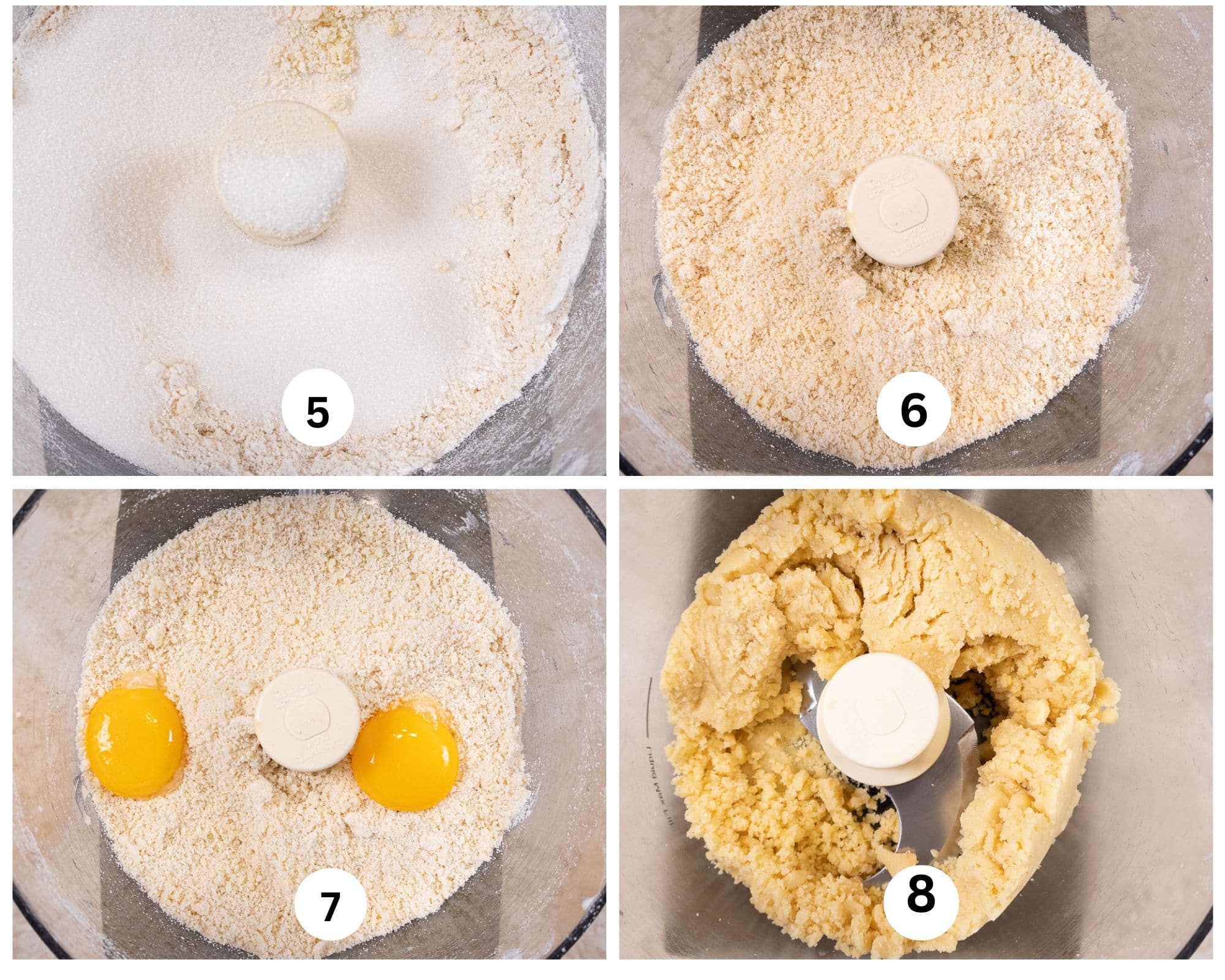 This collage shows the sugar being added to the process, after it is processed, the egg yolks added and the dough completed.