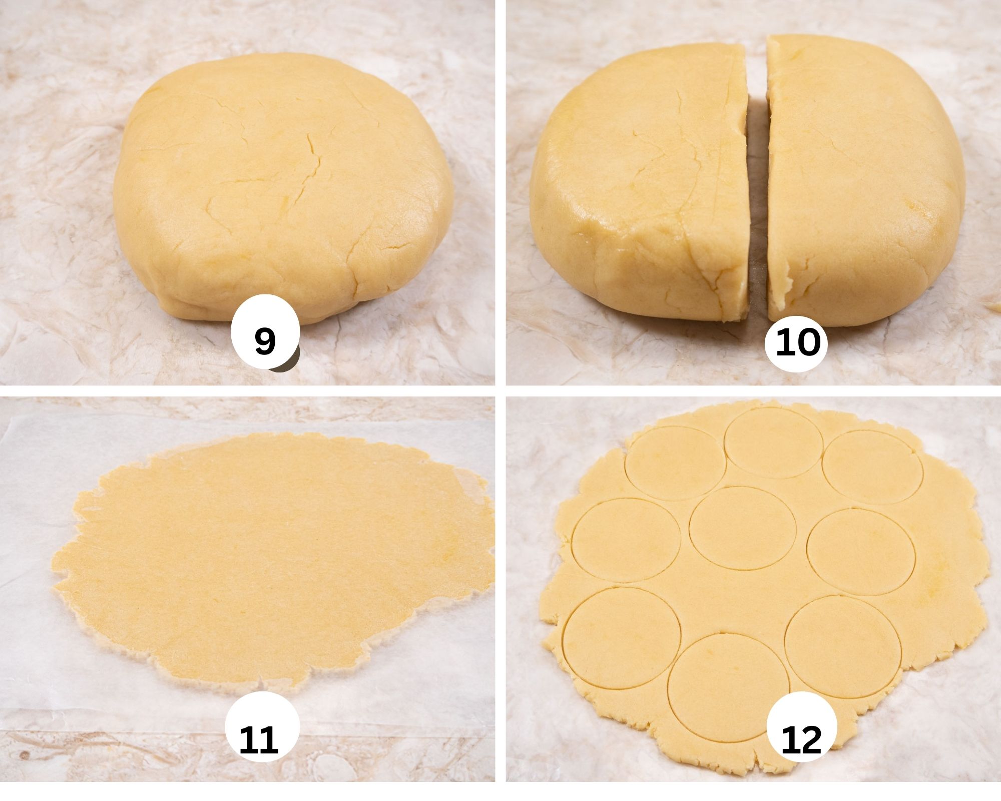This collage shows the dough formed into a flat round, divided in half, rolled between waxed paper and the round cookies cut out.  