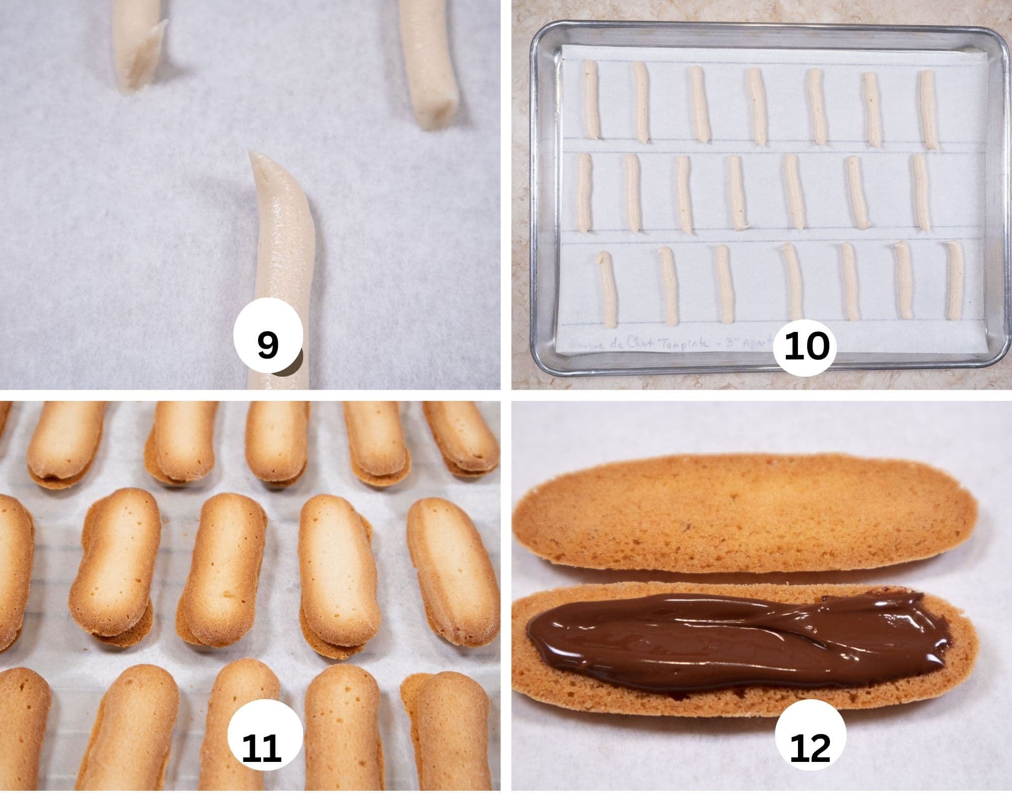 This last collage shows the tip of the piped batter, the cookies unbaked, baked and one being covered with chocolate.