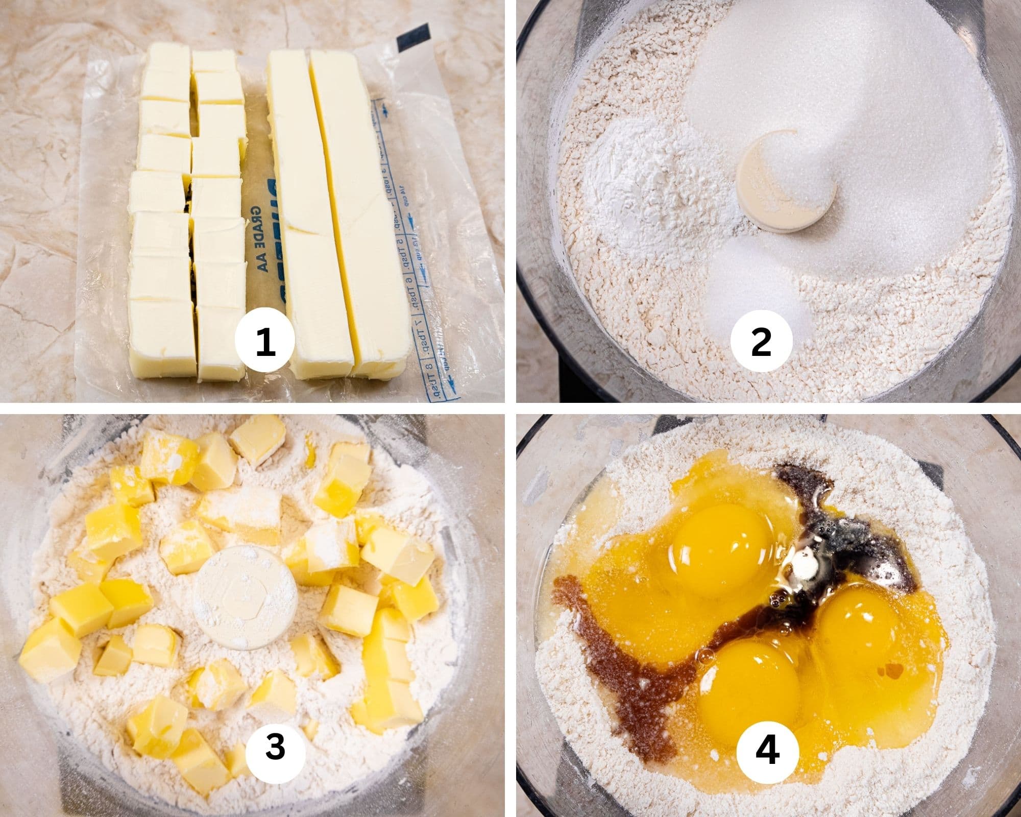 The first Cuccidati collage shows the butter cut, the dry ingredients in the processor, the butter on top of the dry ingredients and the liquid added to the processor.