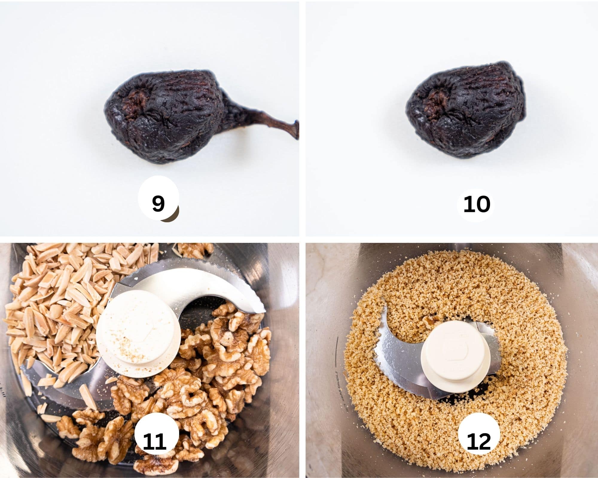 The next collage shows a fig with the stem, and the stem cut off, the almonds and walnuts in the processor, and then processed to finely cut.  