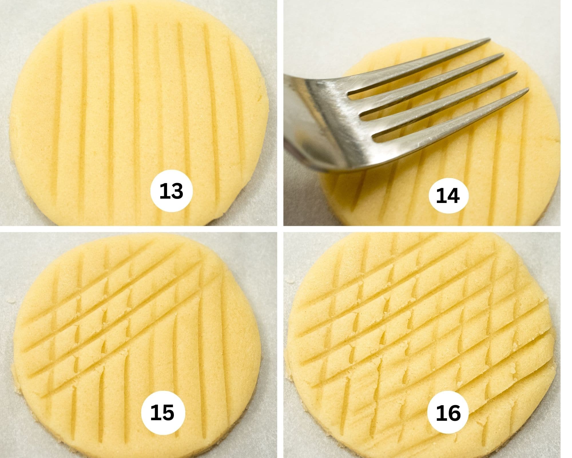 The last collage shows how to mark the cookies for the traditional design.  Lines are drawn vertically with the back of a fork, the diagonally and finally the cookie completely marked.