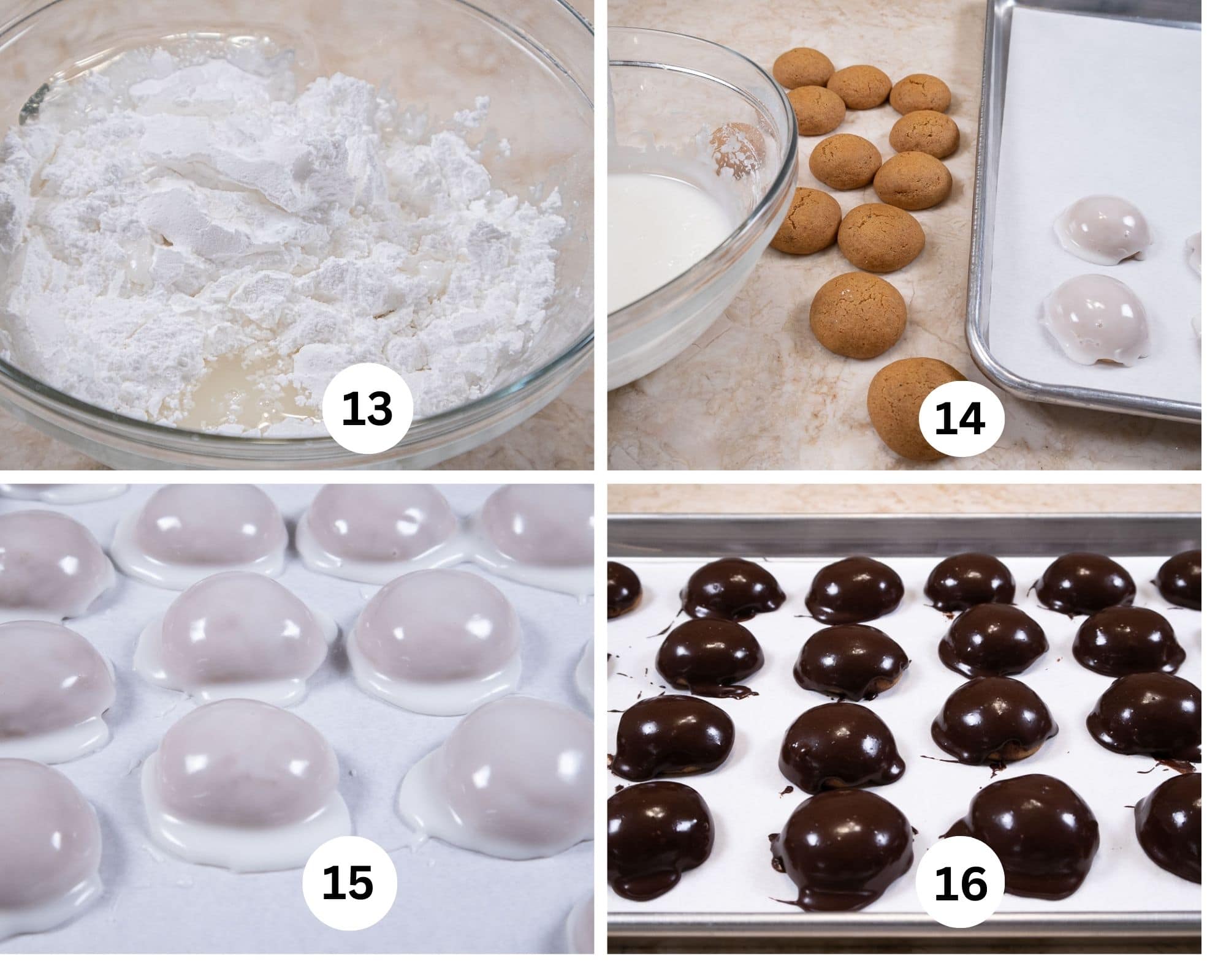 The final collage shows the glaze ingredients in a bowl, the glazing set up, the cookies glazed in white and in chocolate.