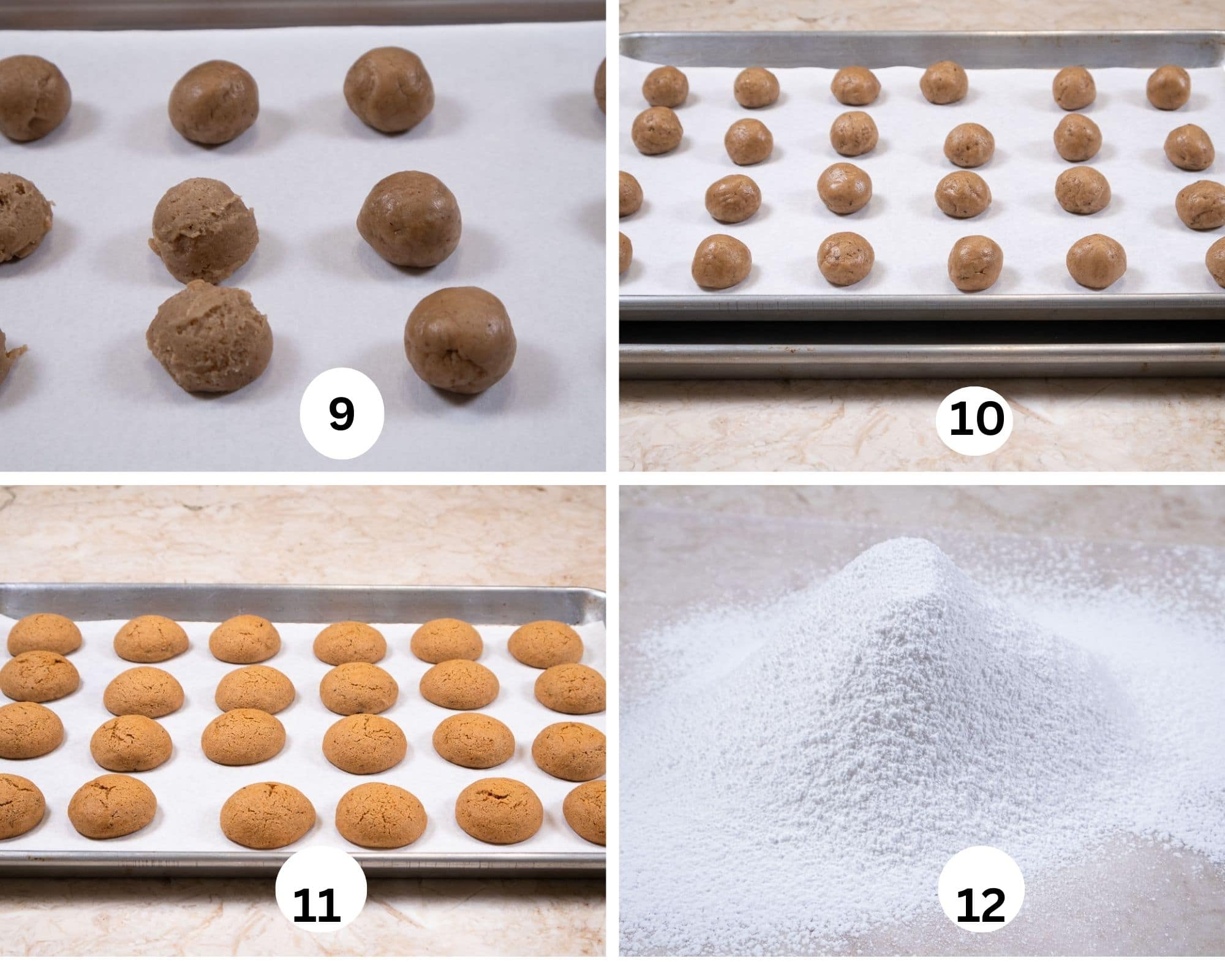 Collage 3 shows the cookies scooped, then rolled into smooth balls, double trayed, baked cookies, sifted powdered sugar.