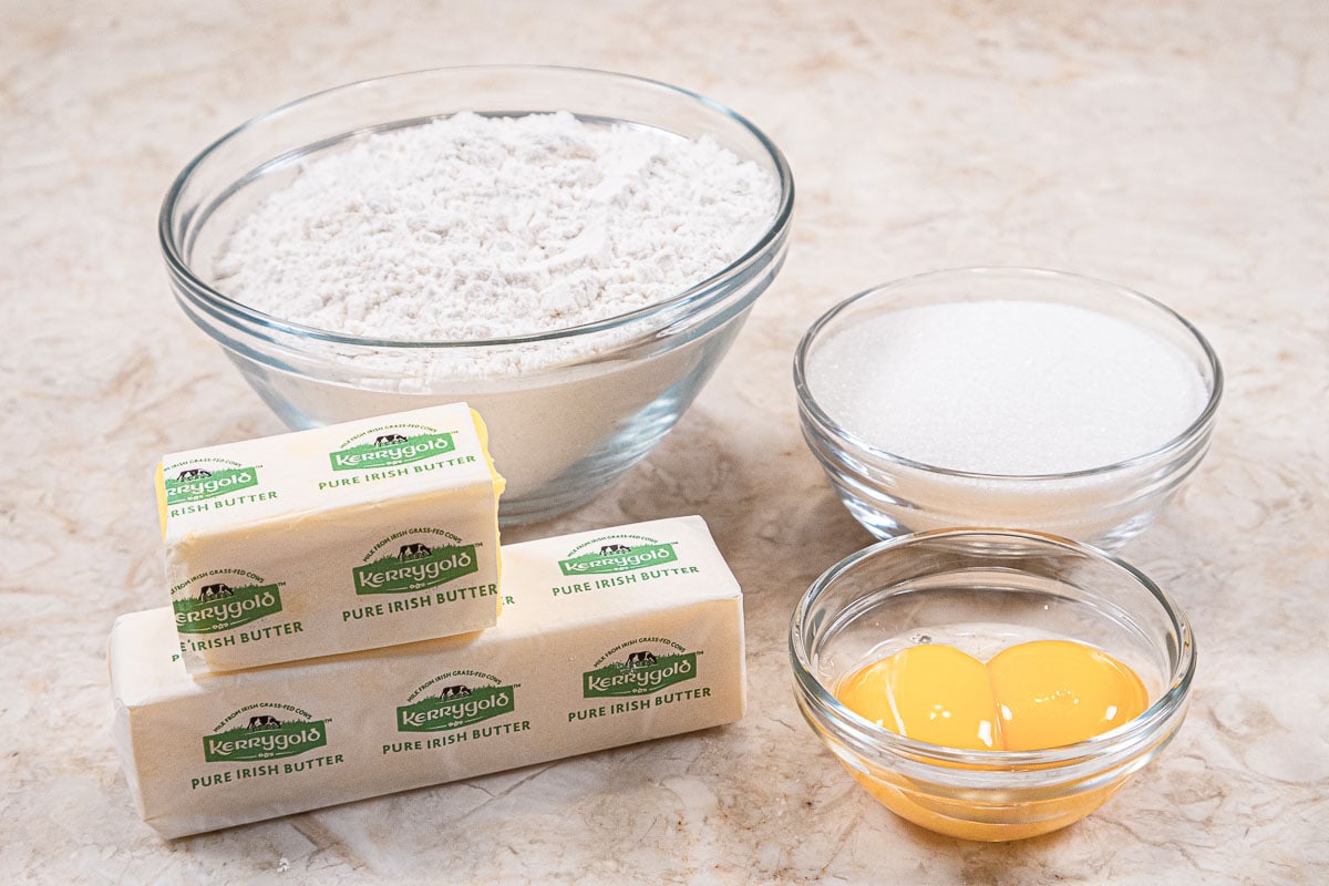 Sable Breton ingredients include, all-purpose flour, granulated sugar, butter and egg yolks.