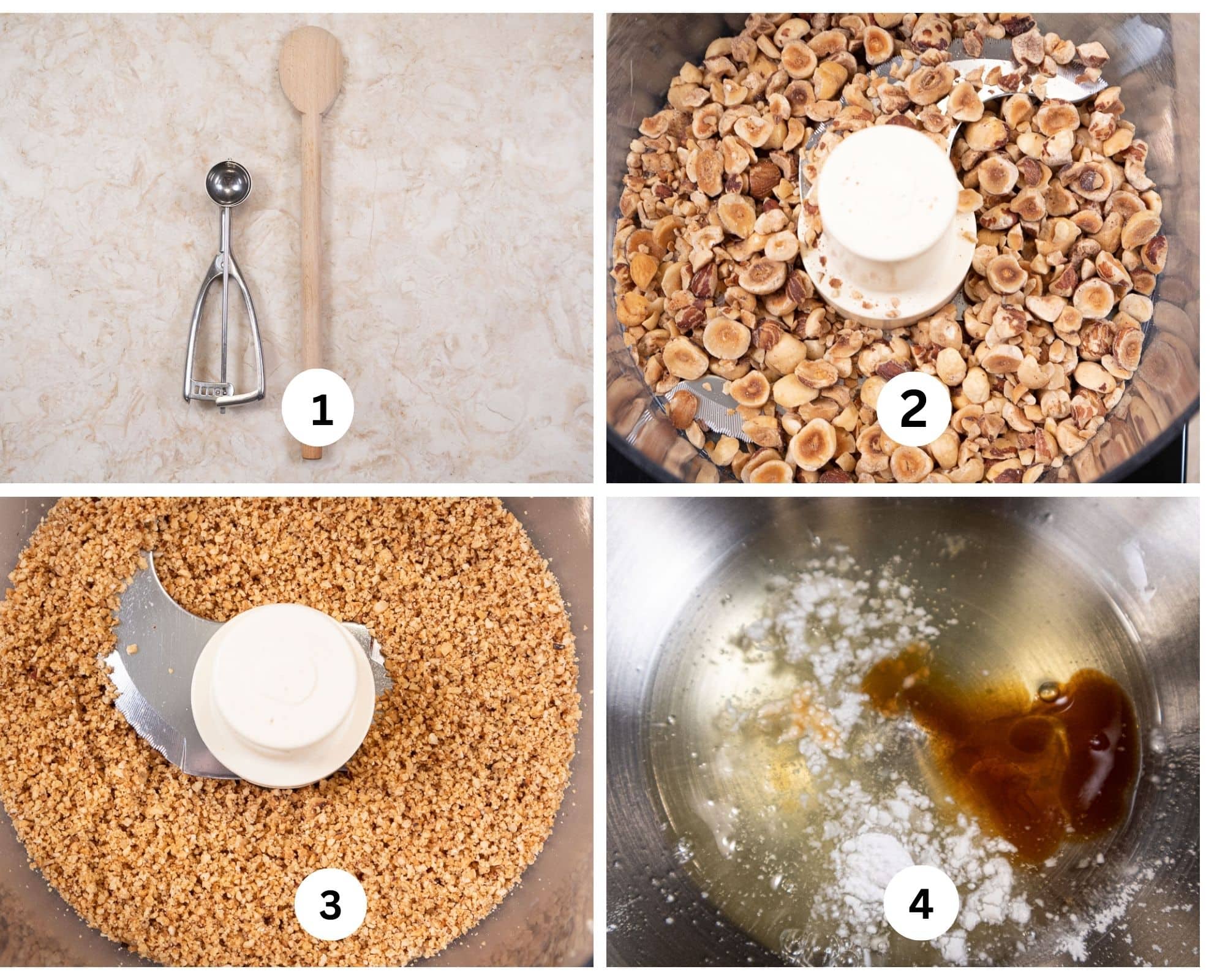 The first collage shows the disher and a wooden spoon, the hazelnuts in the processor, then ground, and the egg whites, cream of tarter and vanilla in a mixing bowl.