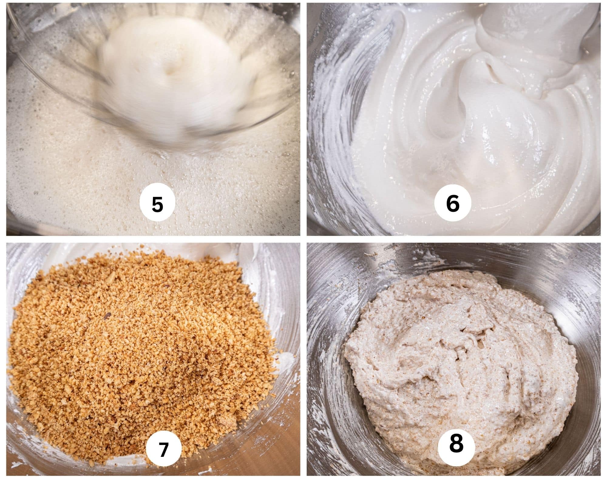 This collage shows the egg whites just prior to adding the sugar, then beaten to medium peaks, the nuts are added and folded into the whites.